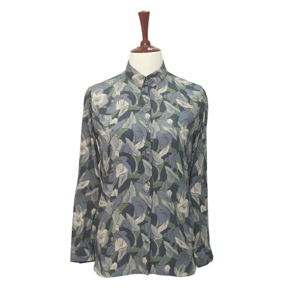 Womens Silky Shirt Button Up Gray Green Floral Chiffon Dress Casual Top Medium - Picture 1 of 6
